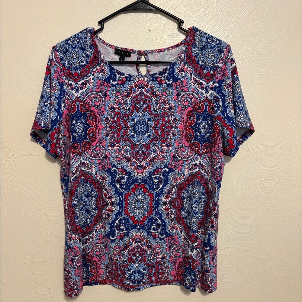 Talbots Paisley Print Stretch Knit Top Short Sleeve Keyhole Back Large